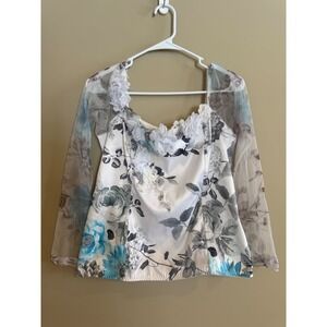 Celo Argentina Floral Corset Top Sheer Mesh Sleeves 3D Flower Applique XL IT 46